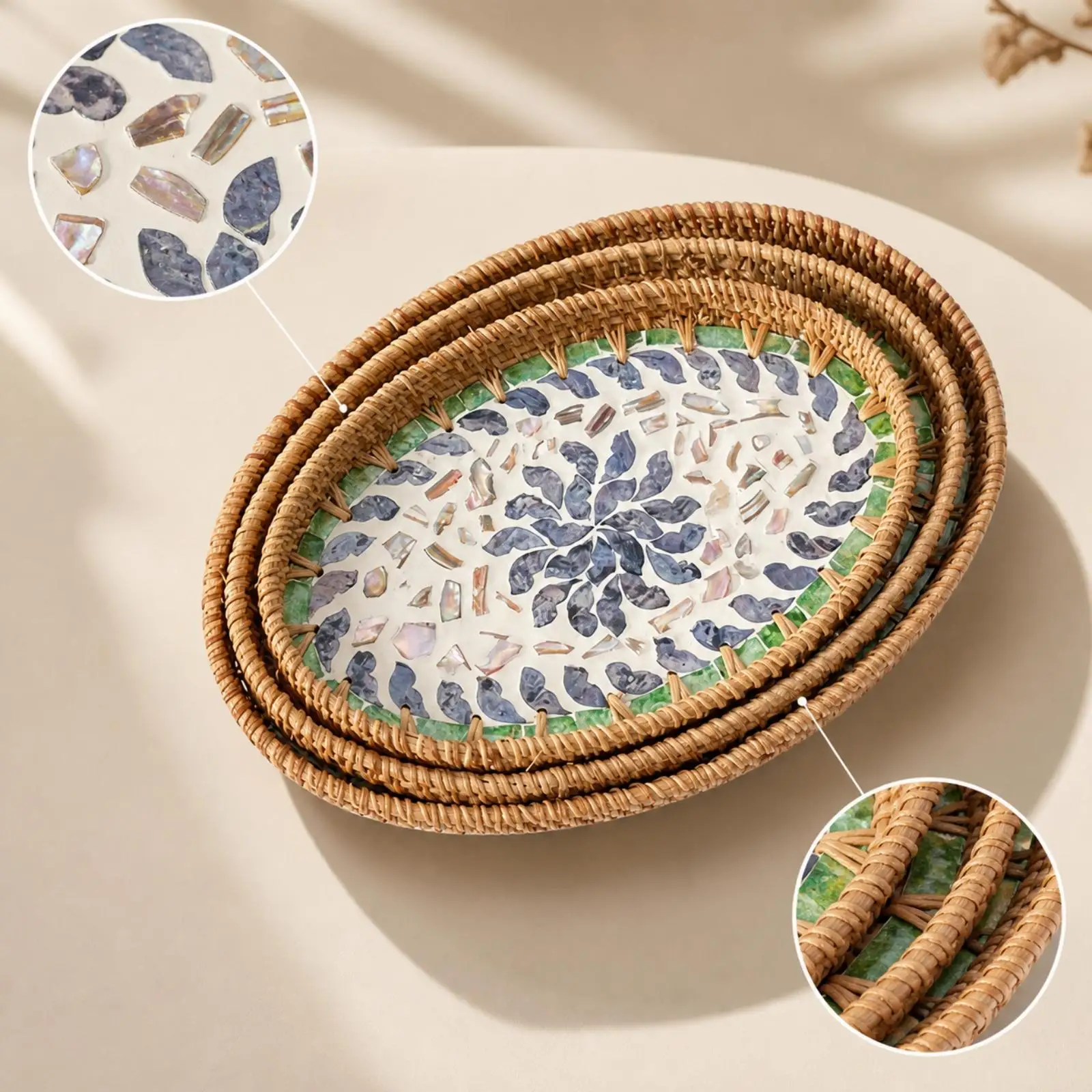 Handmade Rattan Decorative Tray with Shell Accent for Coffee Table Refreshments and Countertop Use