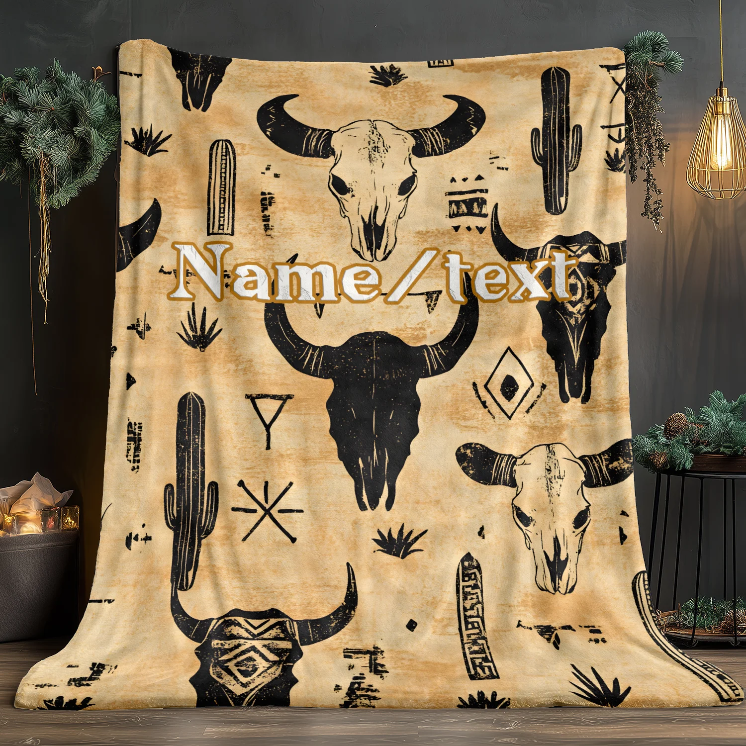 Customized name Western-style bull head print outdoor blanket，suitable for sofa travel, living room, office sofa chairs and beds