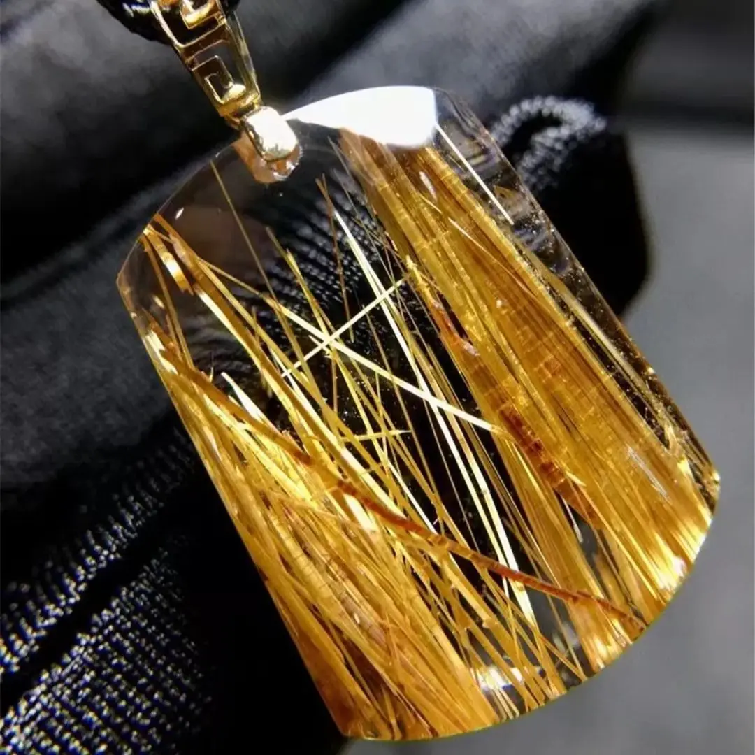 

Natural Hair Gold Rutilated Quartz Pendant Jewelry For Woman Man Wealth Gift 18K Gold Energy Crystal 26x18x9mm Beads AAAAA