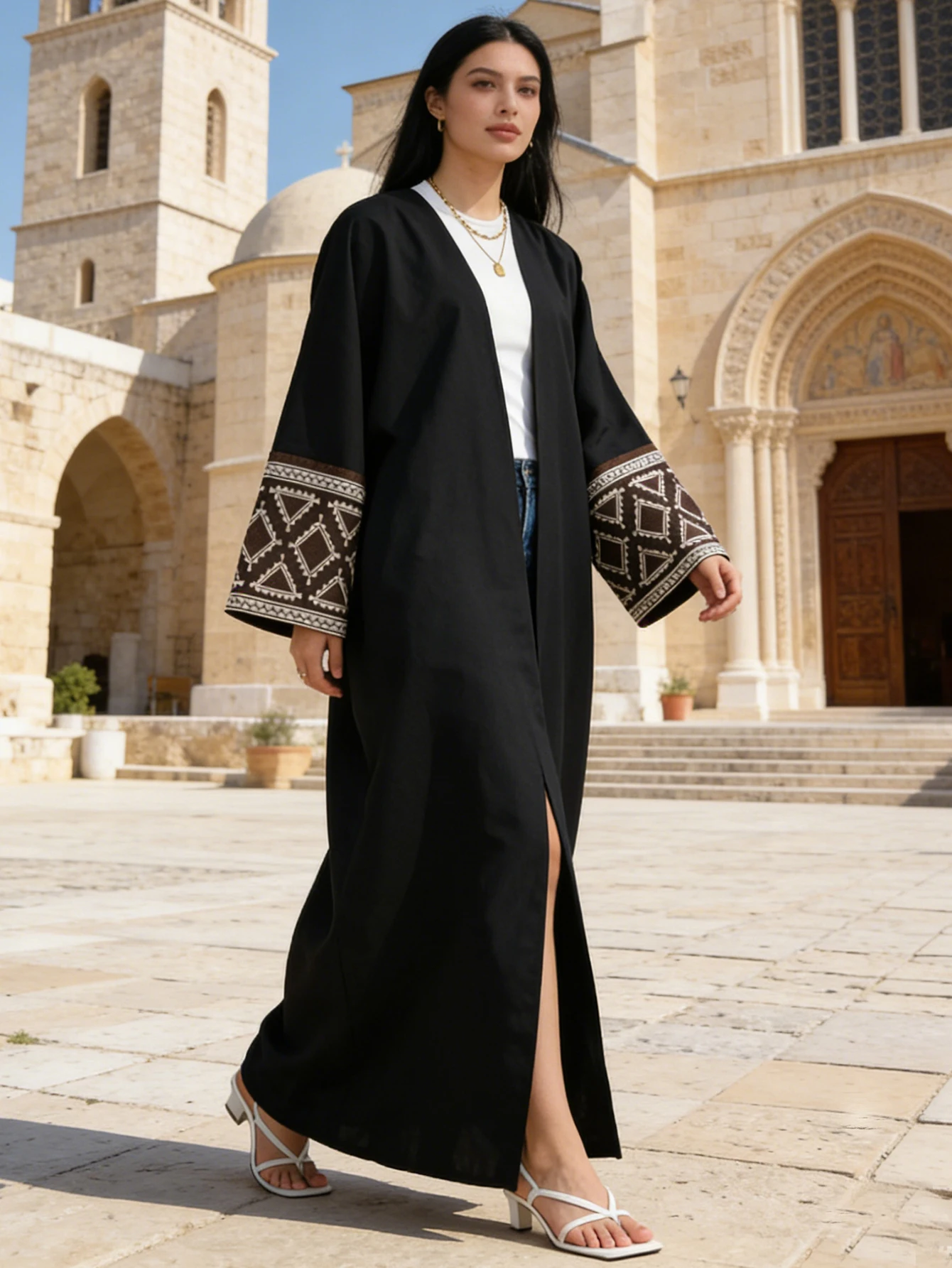 عباية نسائية قفطان إسلامي بأكمام مطرزة متباينة طول ماكسي فستان رمضان جلباب مفتوح من الأمام عبايات خارجية معاطف صوفية