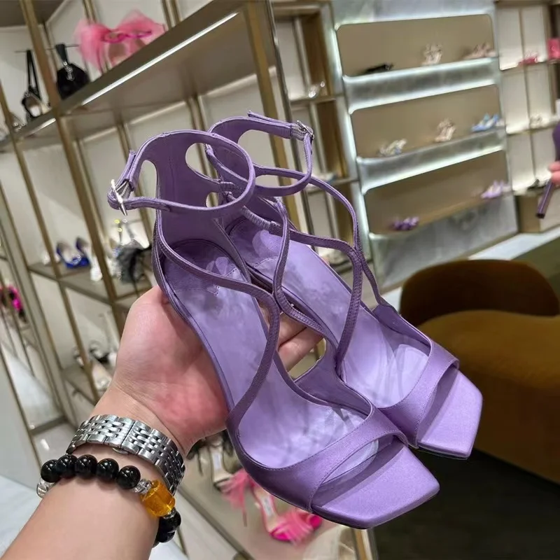 Star style Purple Satin Women Sandals Sexy Narrow Band Ankle Strap Stiletto High heels Gladiator Sandalias Summer Banquet Shoes