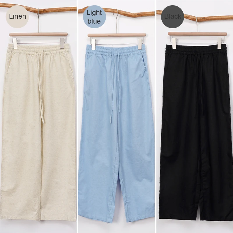 Women's Cotton Linen Pants Solid Color Elastic Waistband Drawstring Loose Casual Comfortable Home Commuting Basic Pants