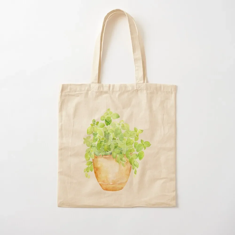 Watercolor herb basil in pot Tote Bag Shopping bags reusable shopping bag Tote Bag