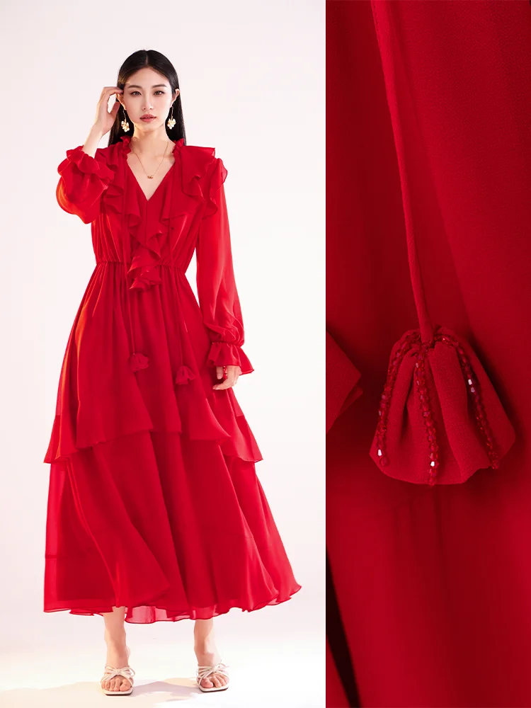 New Dress chiffon  with red lotus leaf side length sleeves, elastic waist, cinched waist, slimming temperamen