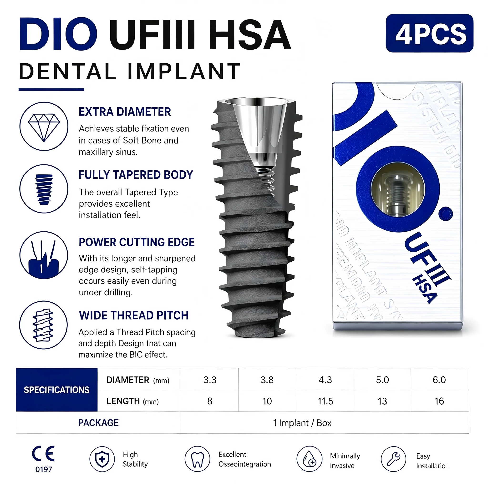 4Pcs Genuine DIO UFIII Tapered Implant, HSA Hybrid SLA Surface, Internal Hex, Self-Tapping for Early Loading & Stability
