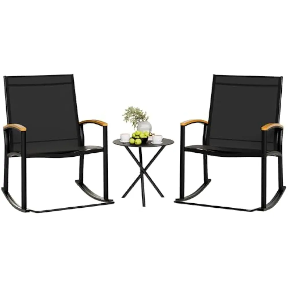 

3 Piece Outdoor Rocking Bistro Set, Fabric Small Patio Furniture Sets, Front Porch Rocker Chairs Conversation Set with Table