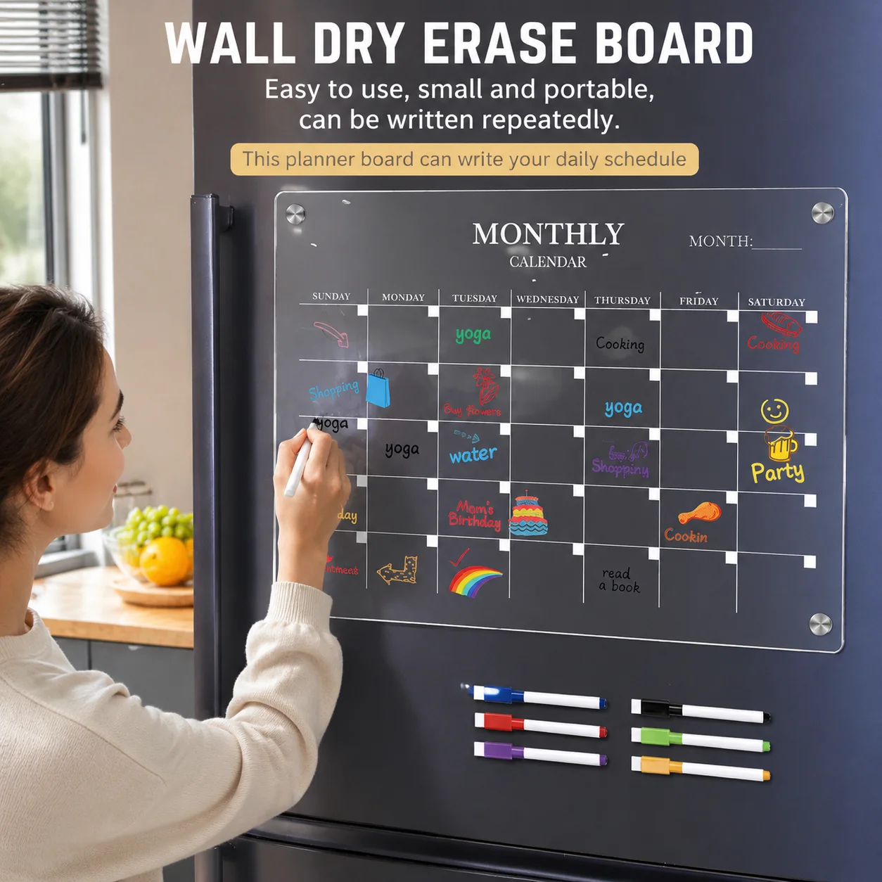Magnetischer Monats- und Wochenkalender aus Acryl für den Kühlschrank, transparente magnetische trocken abwischbare Memotafel für den Kühlschrank, wiederverwendbarer Essensplaner
