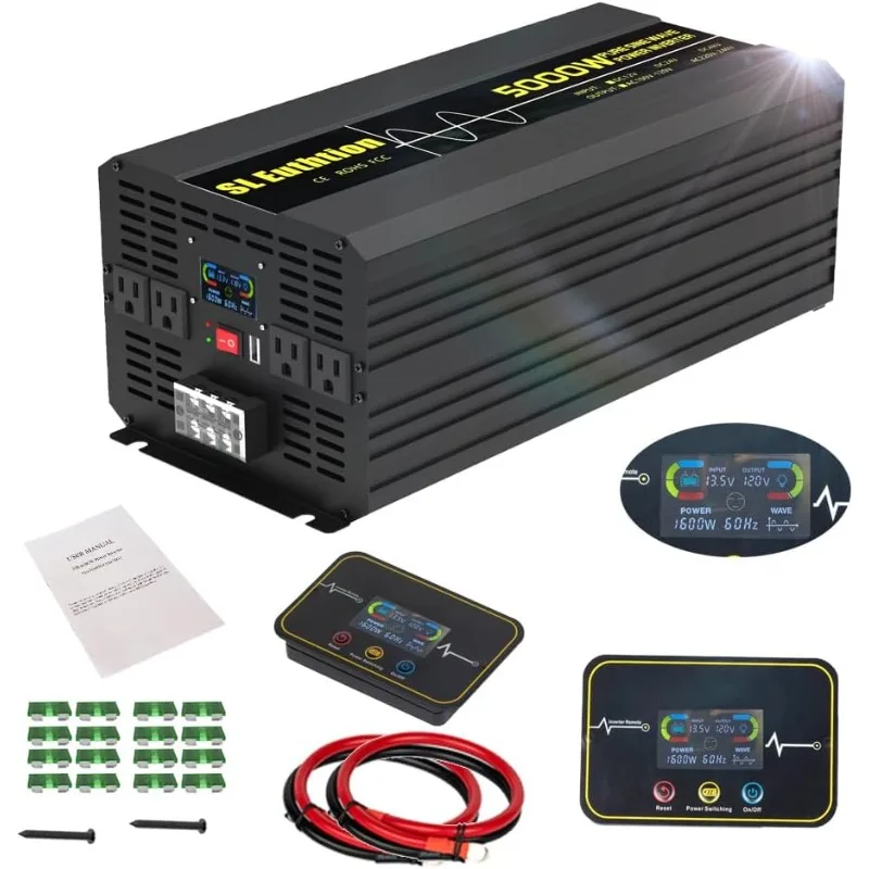 5000W/10000W(Peak) Pure Sine Wave Car Power Inverter 12V DC to 120V AC 60HZ with LCD Display, USB Port