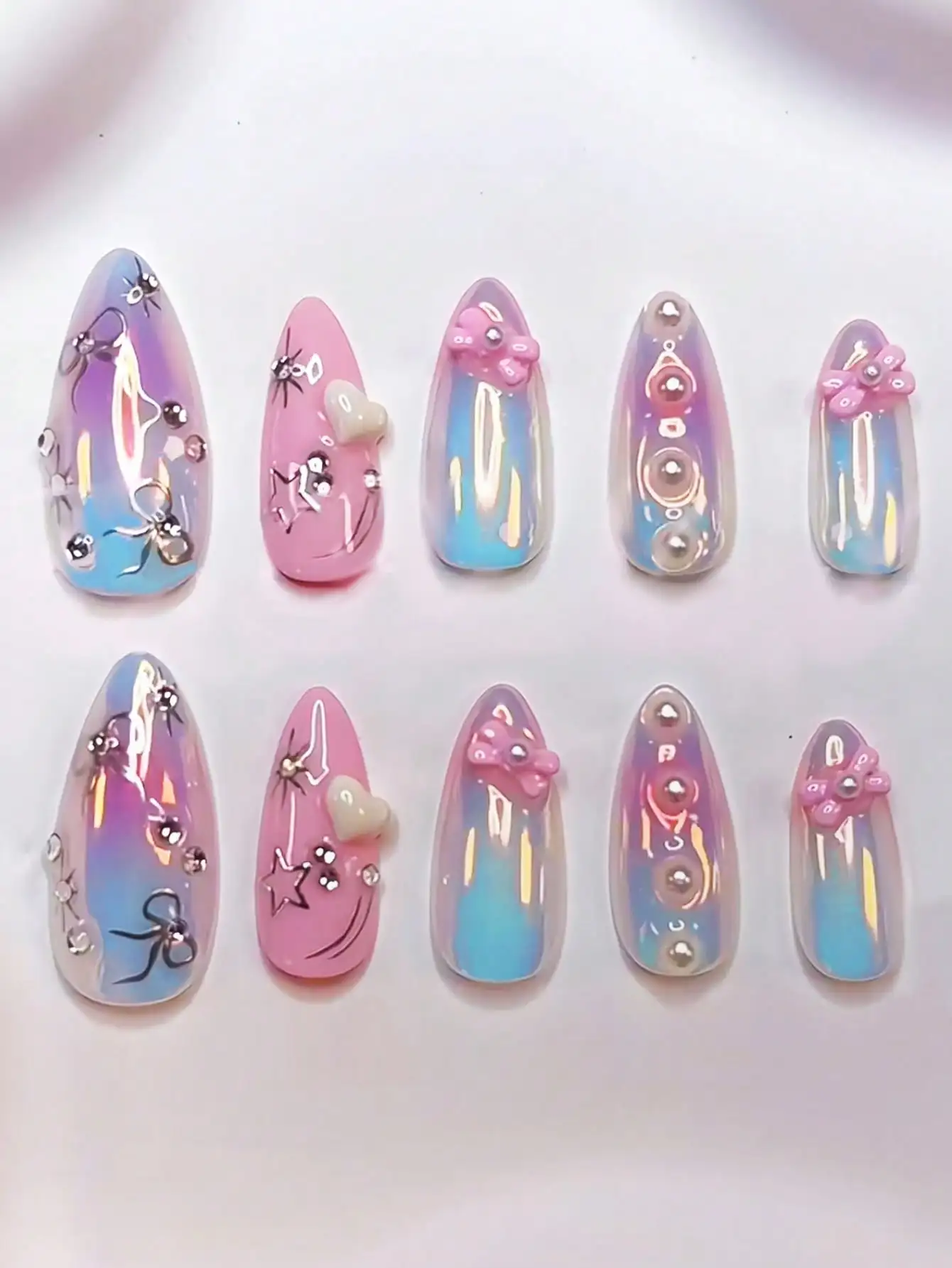 

10pcs Y2K Style Heart-Shaped Sequin Medium-Length Almond-Shaped Acrylic False Nails Set. 3D DIY Art Designs With Star And Bow Decor, Includes White Pearls And Rhinestones. Suitable For Nail Salons, Women's Daily Wear, Festivals, Parties, Gifts
