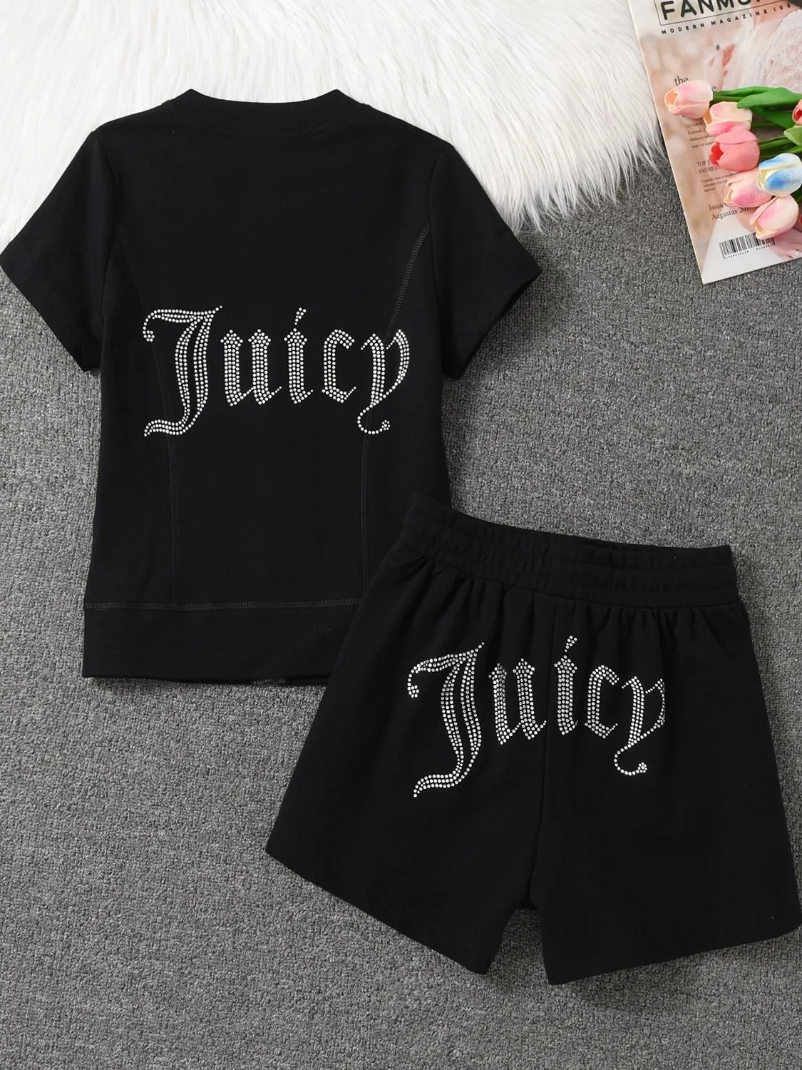 Short Sleeved Shorts Sports Suit Women's Goose Down Rhinestone Letter Fashion Shorts Short Sleeved Fitness Running Women's Suit