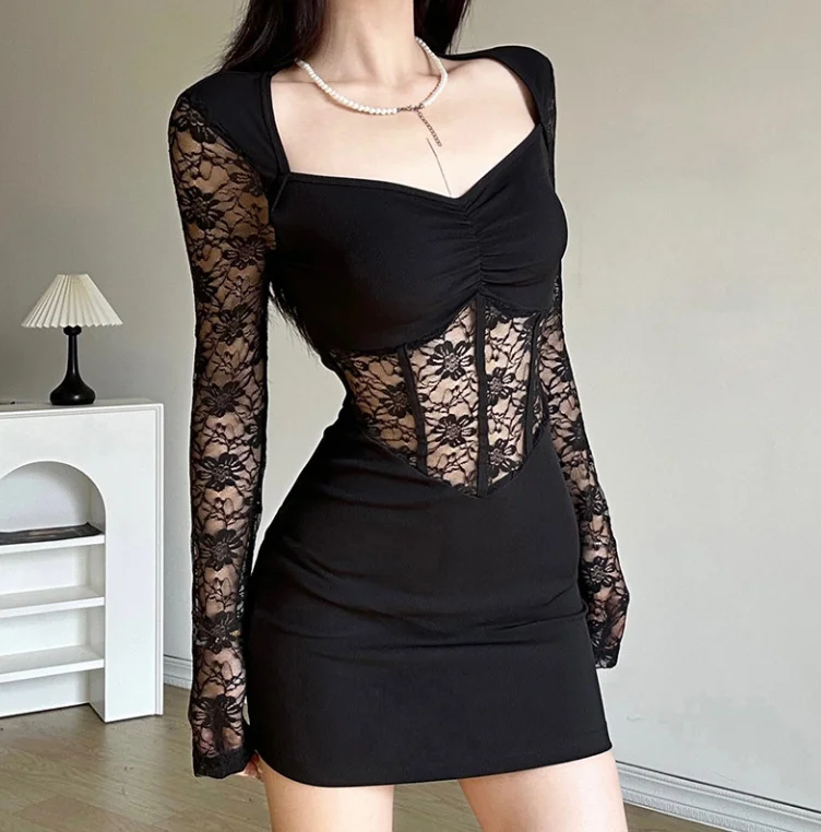 

Womens Dresses Sexy Lace Patchwork Square Neck Dress Wrap Hip Skirt Gorgeous Socialite Style Elegant Dress for Women