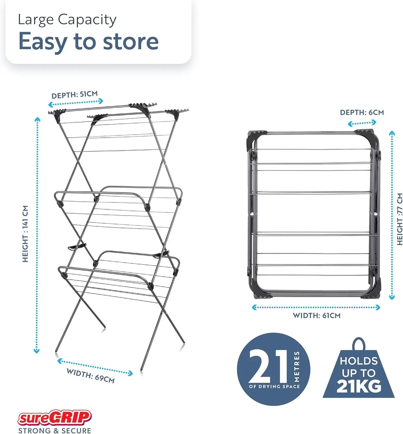 Premium Suregrip 3-stufiger Wäsche ständer für den Innen-und Außenbereich, leicht strukturierte rutsch feste Sprossen, 69 Fuß Platz zum Aufhängen, Silber