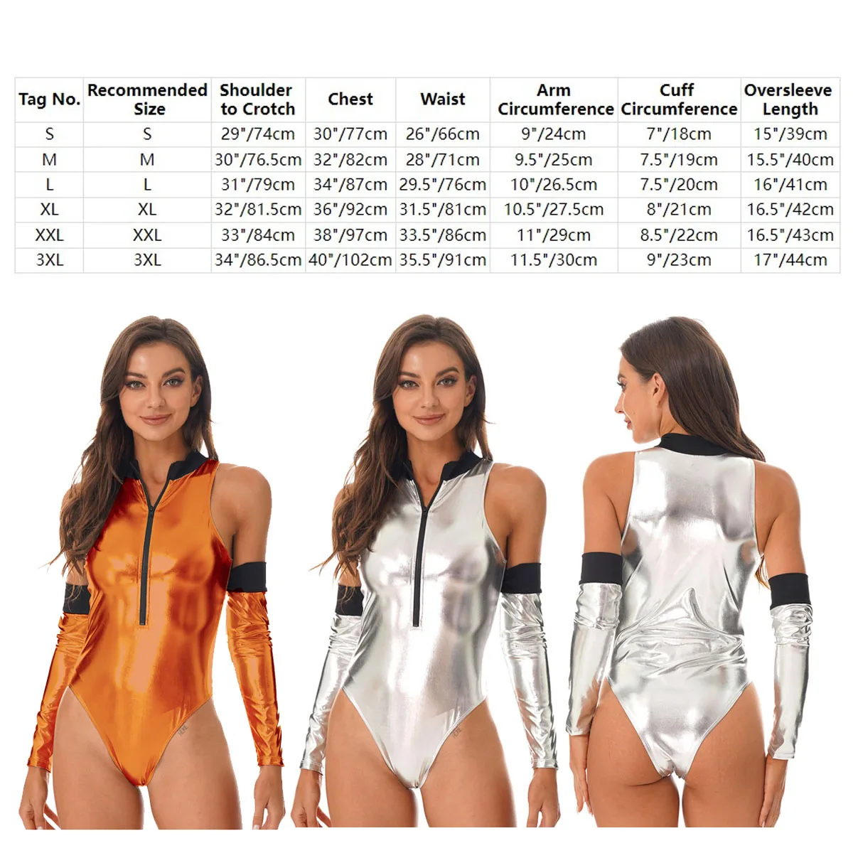 Womens Silver Metallic Astronaut Kostuum Outfits Glossy Bodysuit Met Morsmouw Halloween Cosplay Ruimte Uniform Set Clubwear