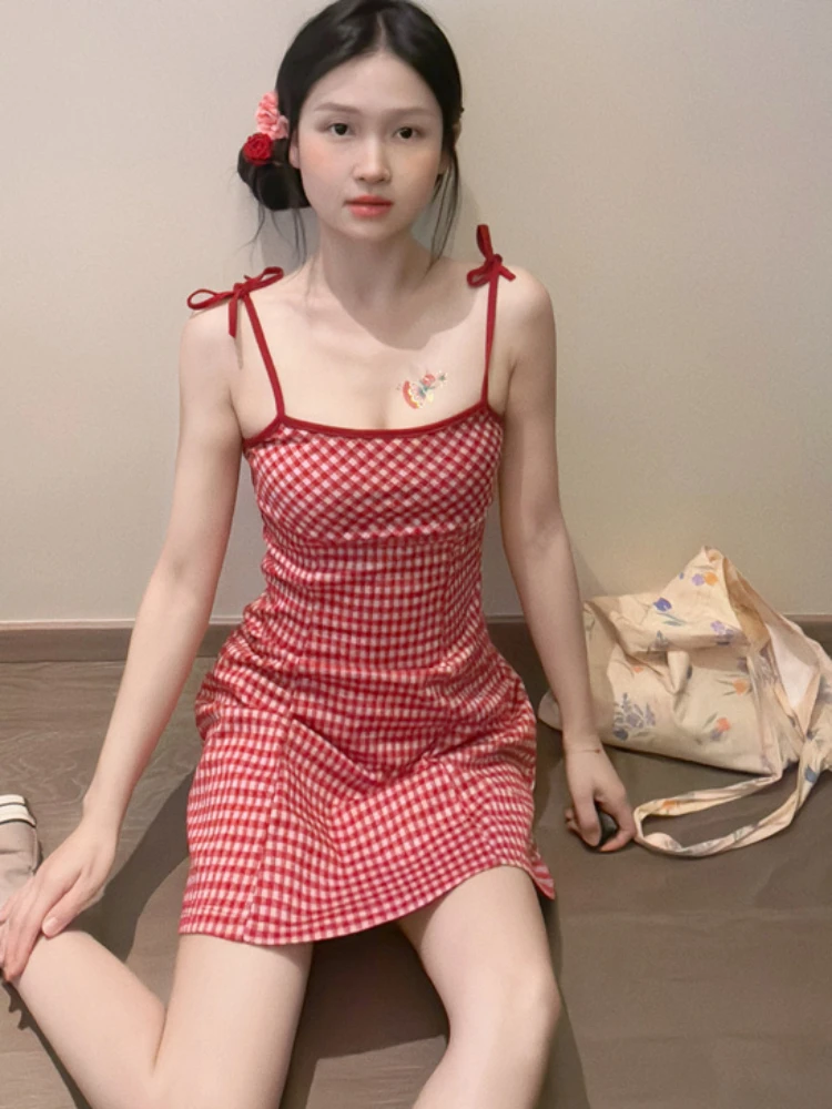 ADAgirl Y2k Red Spaghetti Strap Summer Dress Plaid A-line Strapless Mini Dresses for Women Korean Fashion Slim Cutecore Clothes