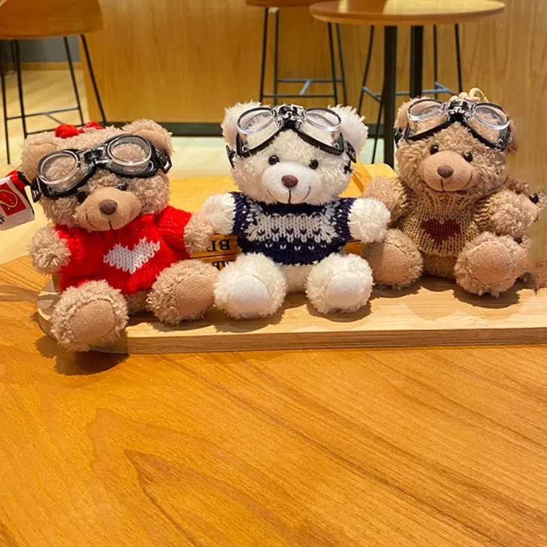 Car Key Chain Goggles Pilot Bear Keychain Bell Hanging Rope Bear Key Ring Pink Pearl Stuffed Animal Pendant Women