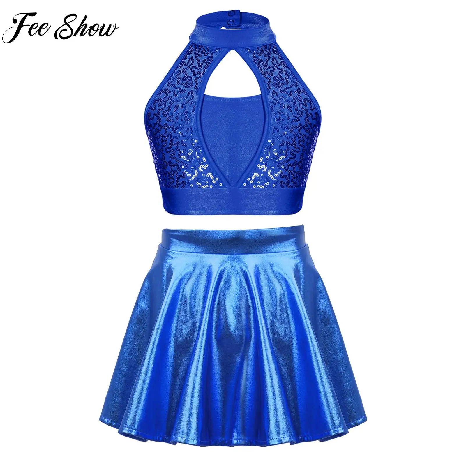 

Kids Girls Cheerleading Uniform Outfits Sets Childs Sequin Sleeveless Crop Top with Metallic Skirt Cheerleader Costume