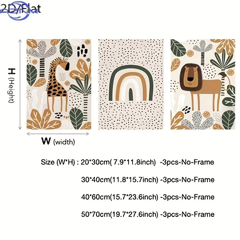 3pcs Set of Bohemian Style Wall Art Featuring Jungle Animals, Including Lion And Giraffe Prints. These Unframed Canvas Posters