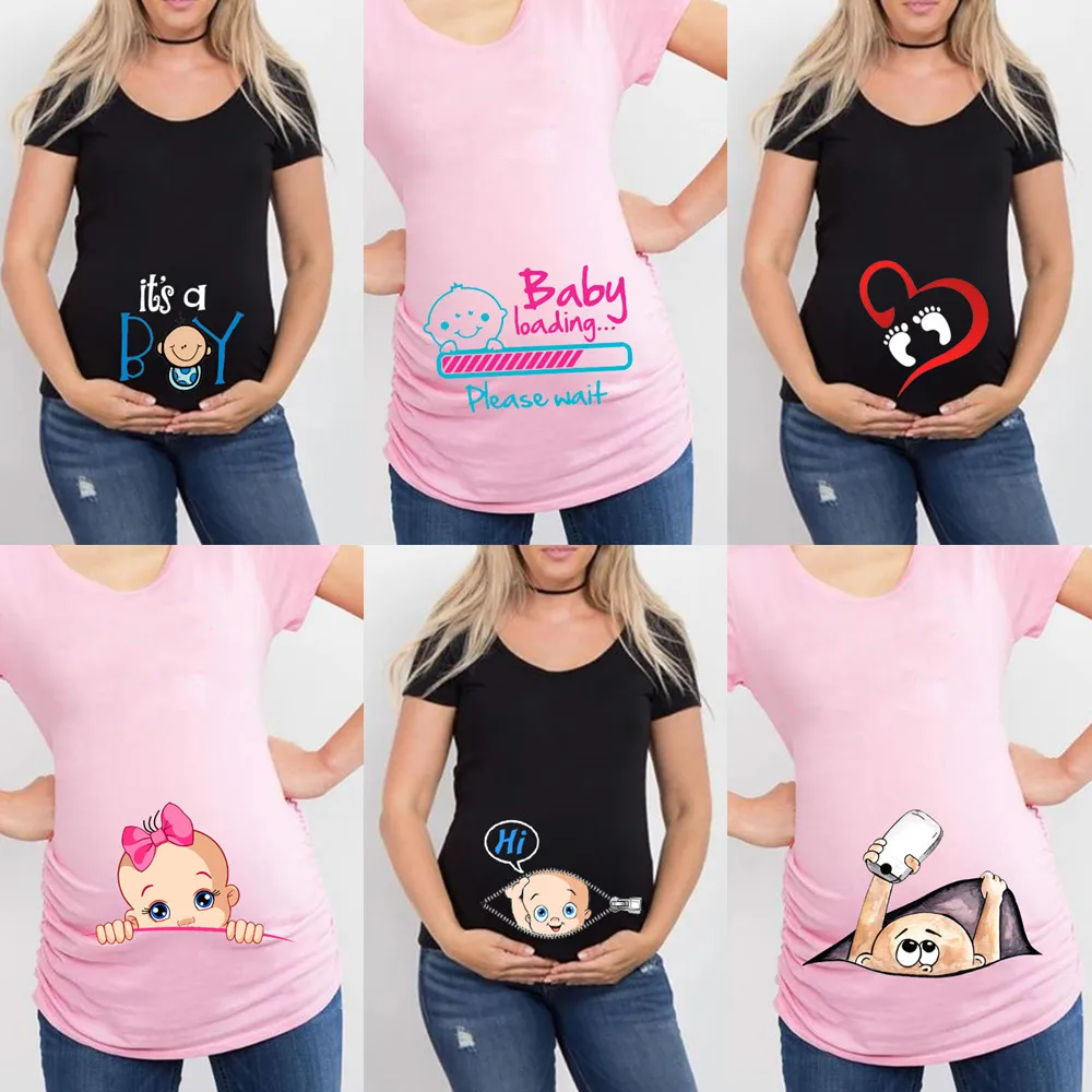 Summer Funny Cartoon Print Maternity Pink Clothing  Short Sleeve Pregnant T-Shirt Tops Women Hot Sale T-Shirts