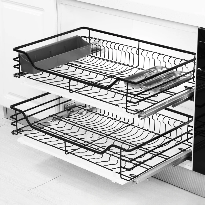 

SUS304 stainless steel double-layer drawer type kitchen cabinet with pull-out basket tray rack, buffer damping guide rail