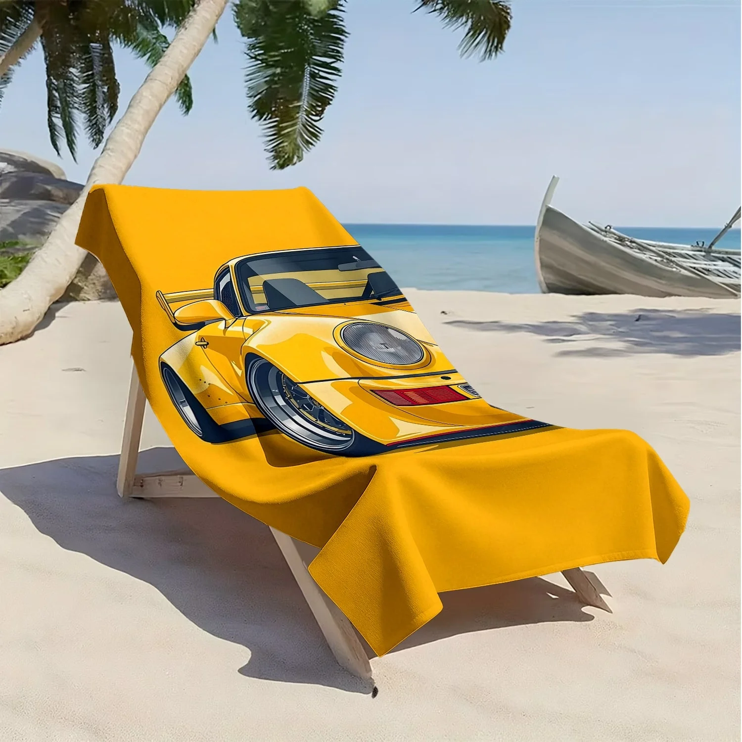 Yellow retro sports car pattern polyester microfiber beach towel is highly absorbent, suitable for swimming and beach outings view 4