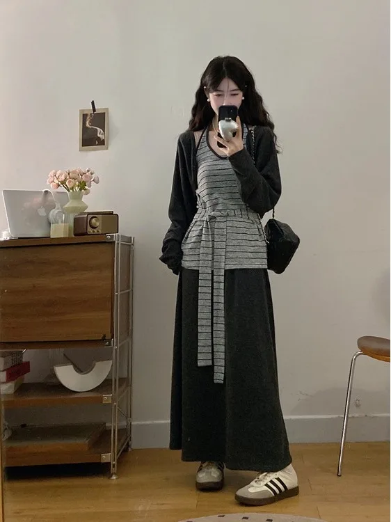 

plus Size Lazy Style Set Neck Hanging Belted Striped Top Cardigan Half Length Skirt Autumn New Design Sense Commute Korean Lo...