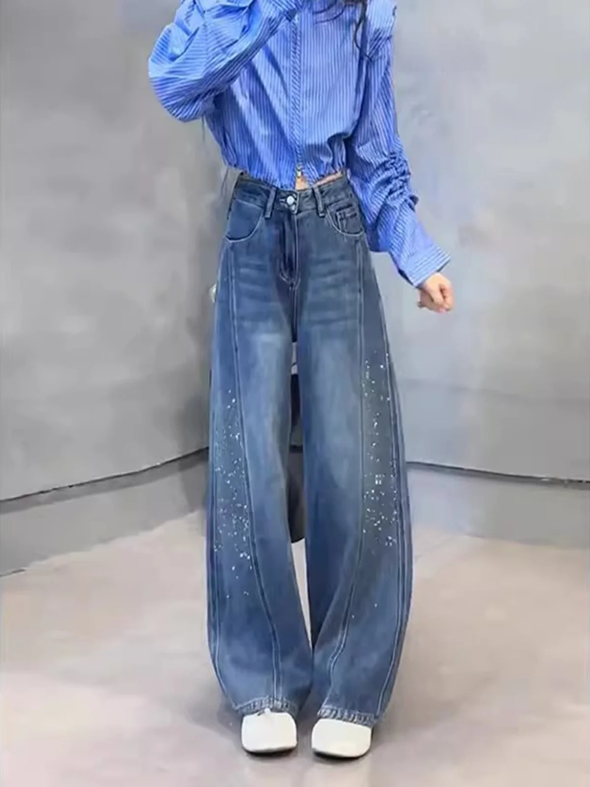 

High Waist Wide Leg Denim Jeans Women's Spring Autumn New Style Versatile Pear Shape Slim Straight Leg Diamond Embellished