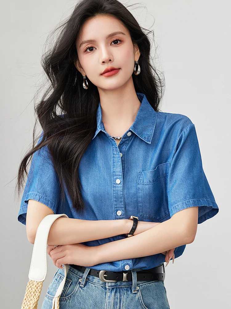 Denim Top Women Short Sleeve Button Down Shirt 2024 Summer Fashion Turn-down Collar Blouse Office Lady Vintage Jean Shirt