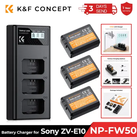 K&F Concept NP-FW50 배터리 및 3슬롯 충전기 소니 ZV-E10 A6000 A6300 카메라 비디오 배터리용 3팩 교체용 배터리