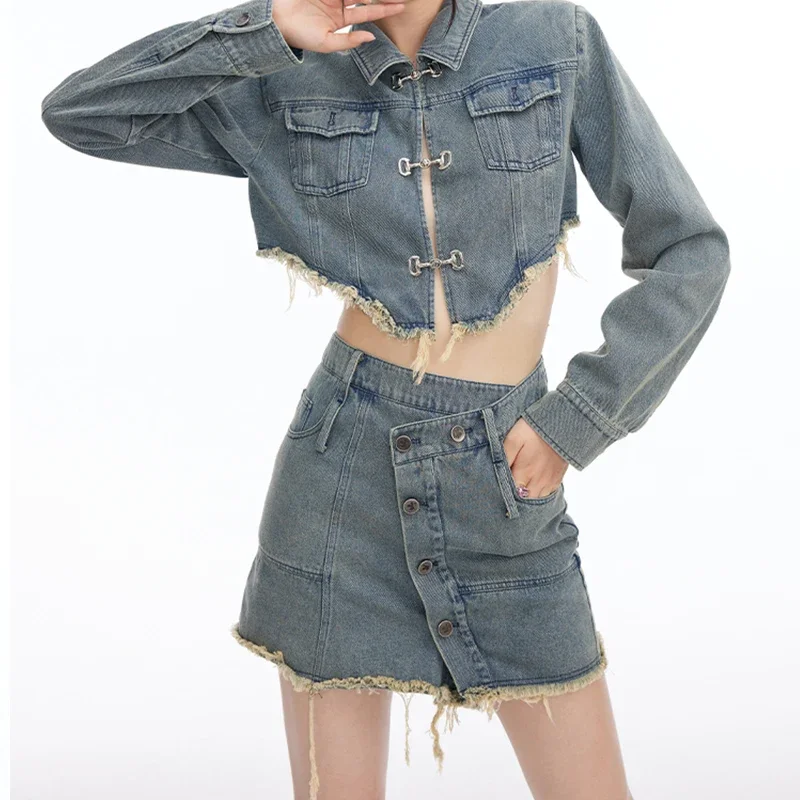 Long Sleeves Denim Jacket Ladies Autumn New American Style Hot Girl Retro Frayed Edge Damage Design Short Coat Women's Clothing