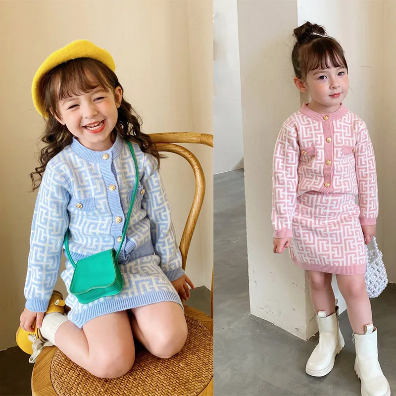 baby Girls clothes set Winter Knitting Long Sleeves Princess Top Skirt 2pcs Birthday Designed Uniform Fall Party Clothing 1-10Ys