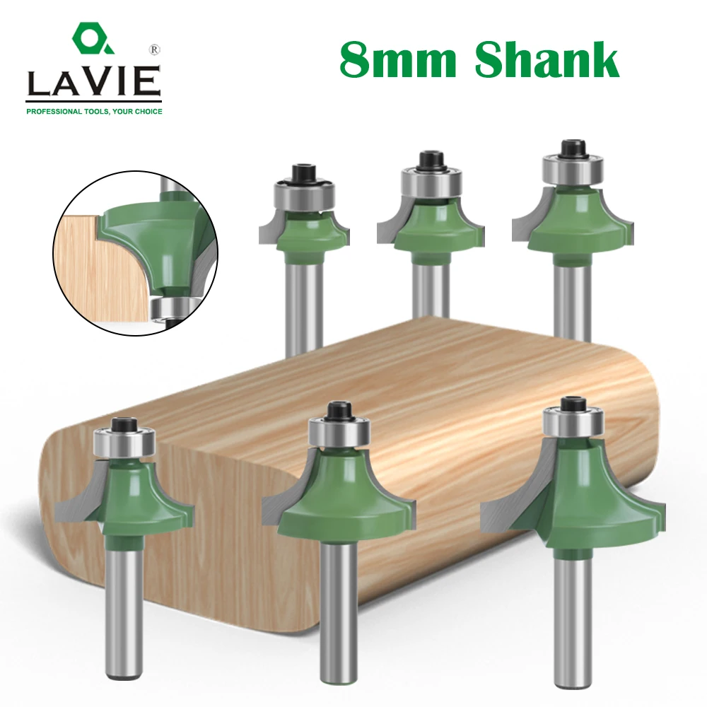 LAVIE 6pcs 8mm Corner Round Over Router Bit With Bearing Milling Cutter For Wood Woodworking Tool Tungsten Carbide MC02048