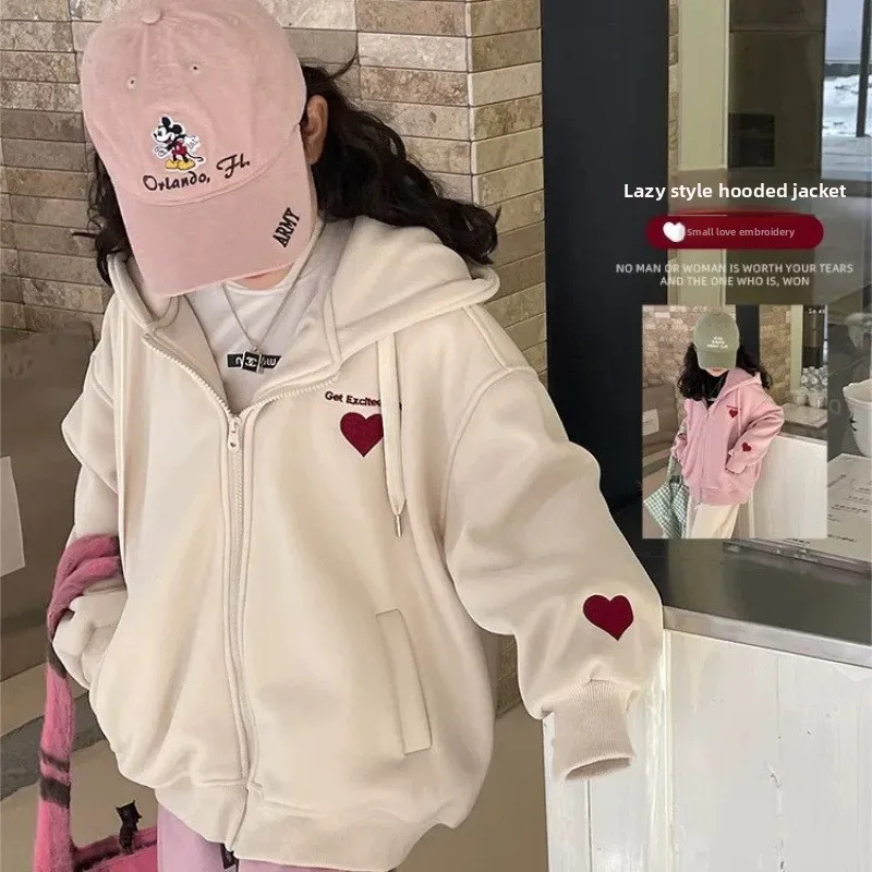 

Girls' Love Printed Sweater Jacket 2025 Spring New Children's Foreign Style Casual Hooded Zipper Cardigan