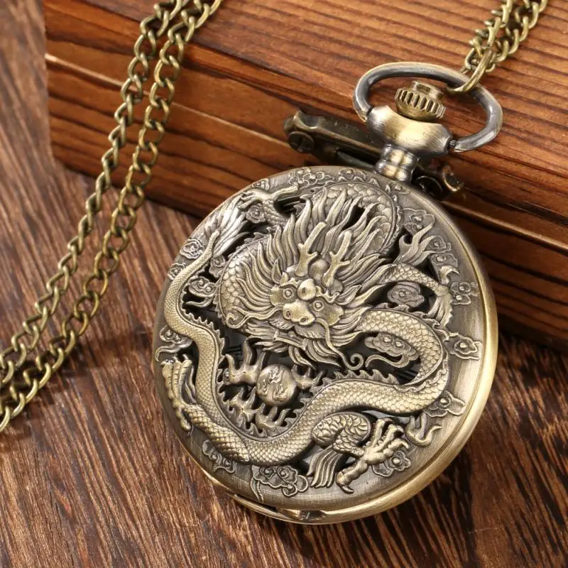 Bronze Vintage alten Drachen Design Quarz Taschenuhr Steampunk analoge Anhänger Tasche Kette Geschenk Männer Frauen Halskette Anhänger Uhr