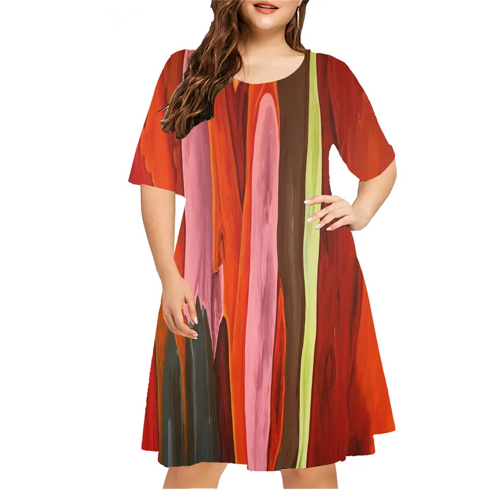 2024 New Women Dress Fashion Summer Painting Colorful Striped Loose Dress Casual Short Sleeve A-Line Dress Plus Size 7XL 8XL 9XL