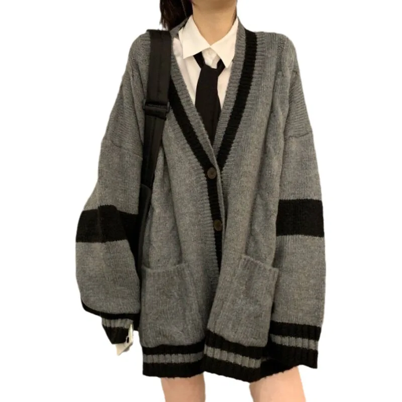 Frauen Patchwork Pullover Volle Hülse V-ausschnitt Dicke Jumper Taste Streetwear Lose Strickjacke Taschen Stricken Leichte Strech