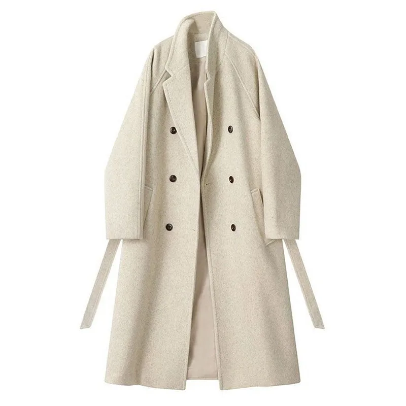 Autumn Female Pocket Tie Up Wool Coat Korean Lady Fashion Thick Knee Length Outwear Winter Women Solid Color Loose Woolen Jacket