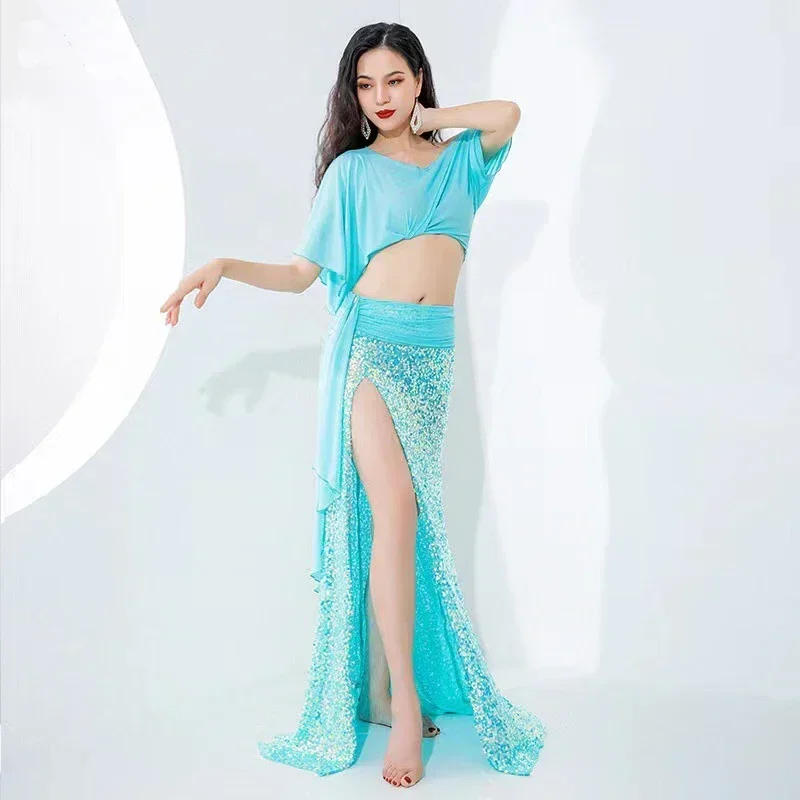 

Belly Dance Practice Suit for Women Bellydancing Yarn Short Sleeves Top+Mermaid Sequin Skirt Oriental Dance Exercise Clothing