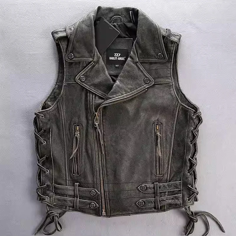 

2024 Spring Autumn New Style Male Motorcycle Leather Vest Men's First Layer Of Cowhide Slim Short Genuine Leather Vests