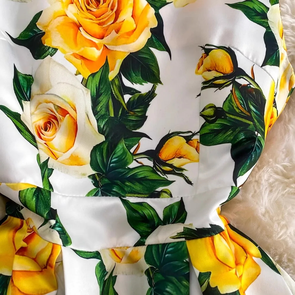 Fashion Runway Summer Midi Long Women Dress O-Neck Sleeveless Elegant Yellow  Rose Print Office Lady Work Wear Vestidos 6839 - AliExpress 200000345