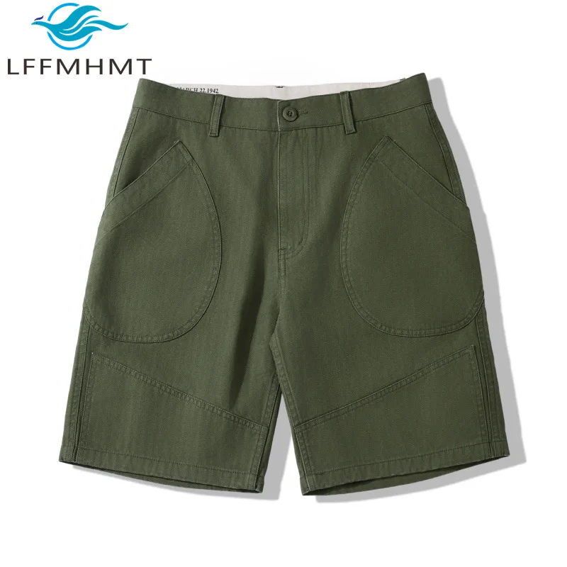 100% Cotton Good Quality Men's Cargo Shorts Japan Style Solid Color Simple Basic Half Length Pants Wight Big Pockets