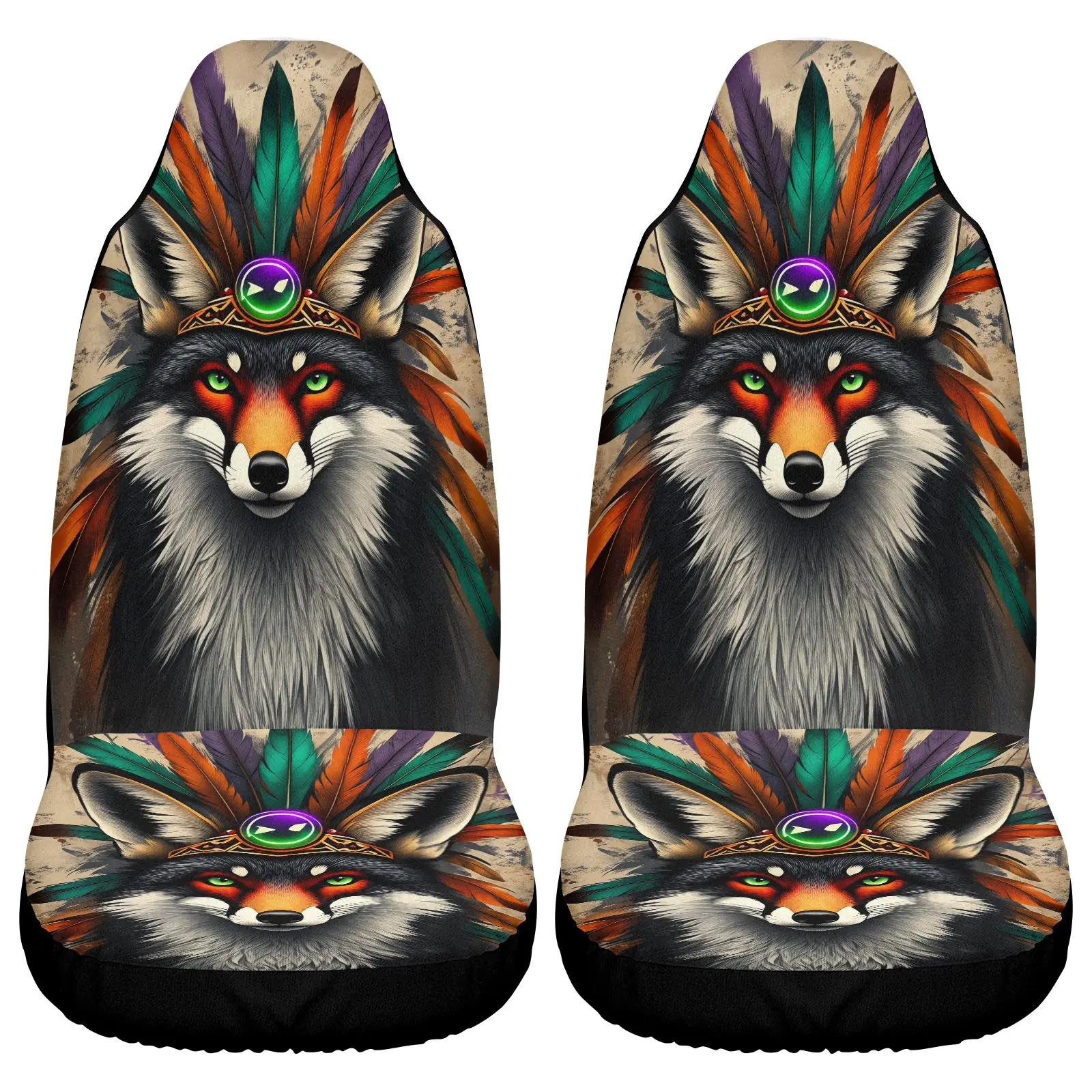 Set Of Car Seat Covers Featuring A Wolf Design With A Feather Headdress, Available In Black And Multicolor, Suitable For Univers