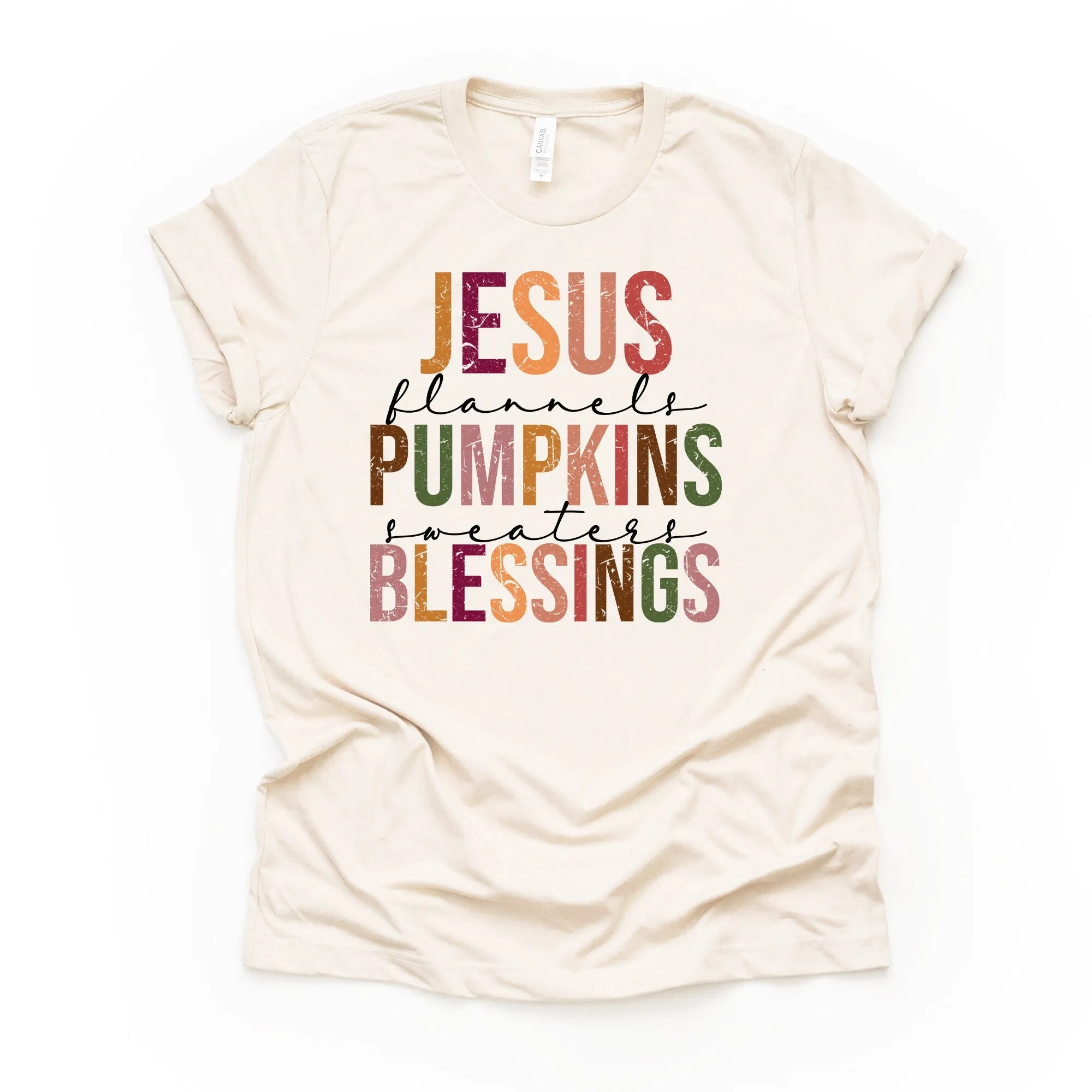 Fall T Shirt Jesus Flannels Pumpkins Sweaters Blessings Design Premium Bella Canvas Unisex 3 Color Choices 3X 4X