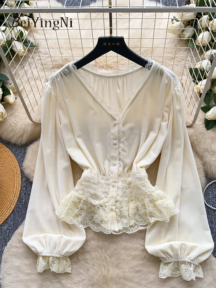 

Beiyingni 2026 Korean Women Blusas Lace Patchwork Single Breasted Elegant Commuting Office Ladies Shirts V-neck Slim Blouses
