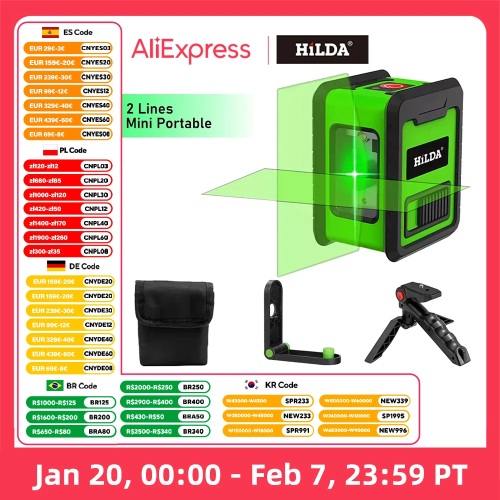 HILDA-medidor de Nivel láser, herramienta de nivelación de 2 líneas y luz verde cruzada, Horizontal y Vertical, nivelado automático