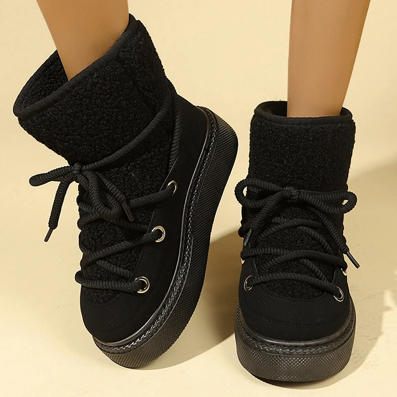 Winter Women Snow Boots Warm Fur Platform Casual Shoes High Quality Plush Boots Lace Up Outdoor High Top Shoes Plus Size 36-43