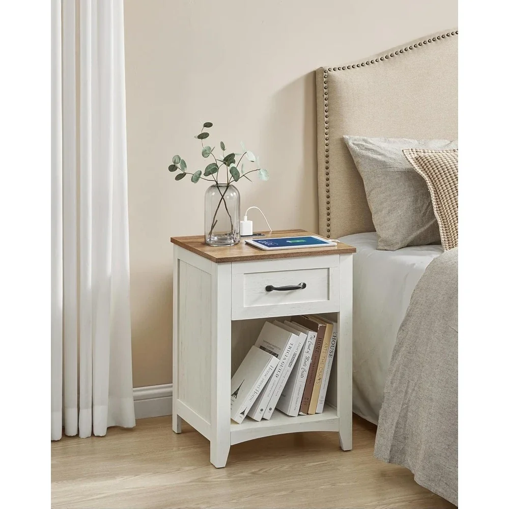 Farmhouse Nightstands with Charging Station, Set of 2, Bedside Tables with Drawer, Open Compartment, Side Tables with Storage