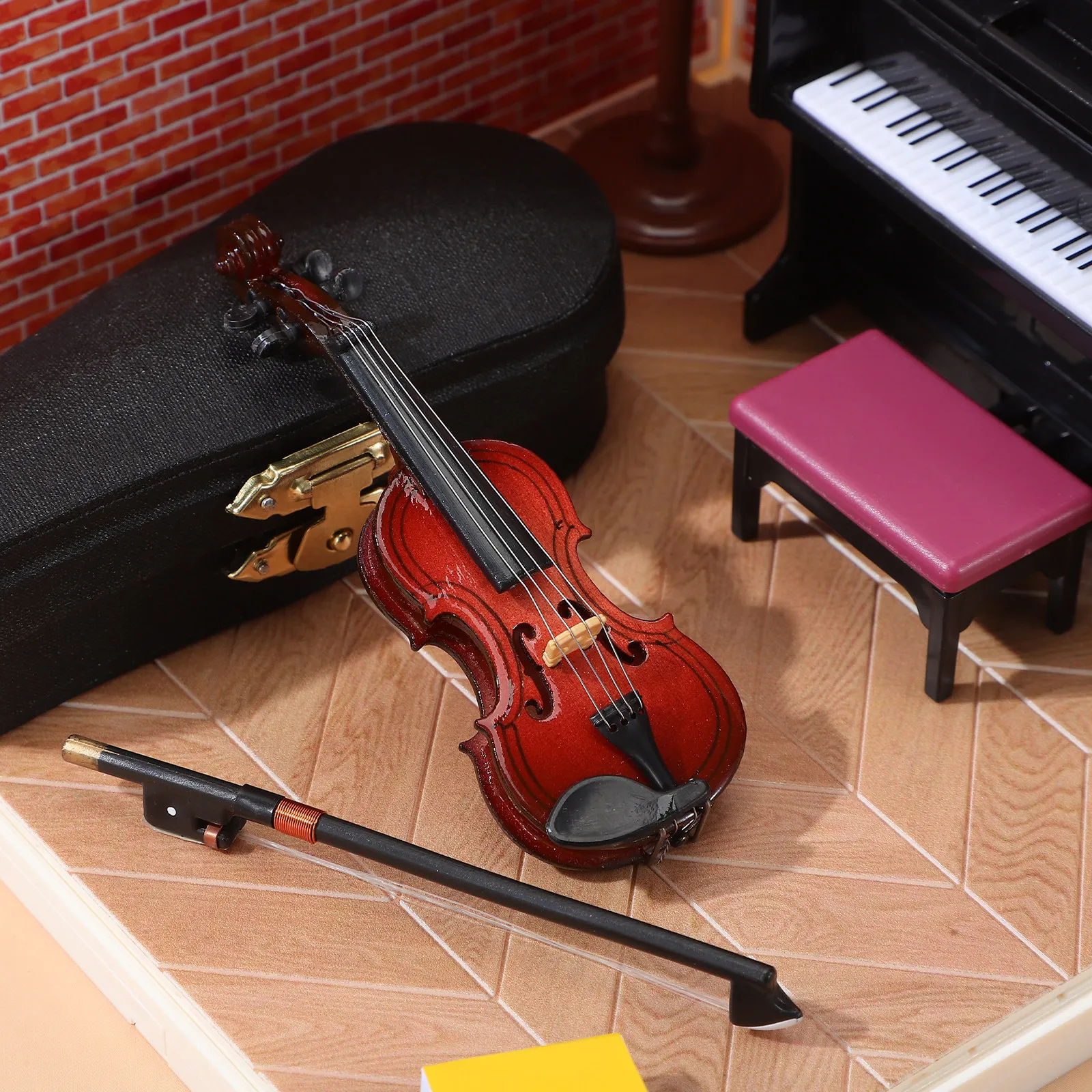 

Набор: 1 комплект реалистичной деревянной модели скрипки с подставкой для лука, настольный декор, домашний инструмент, миниатюрное украшение для дома, реквизит для фотосессий