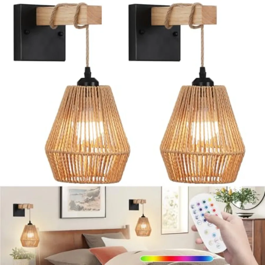 

Battery Operated Wall Sconces Set of 2Rattan wall sconce with Remote Control Rechargeable Boho Wall Light Dimmable Farmhouse Wi