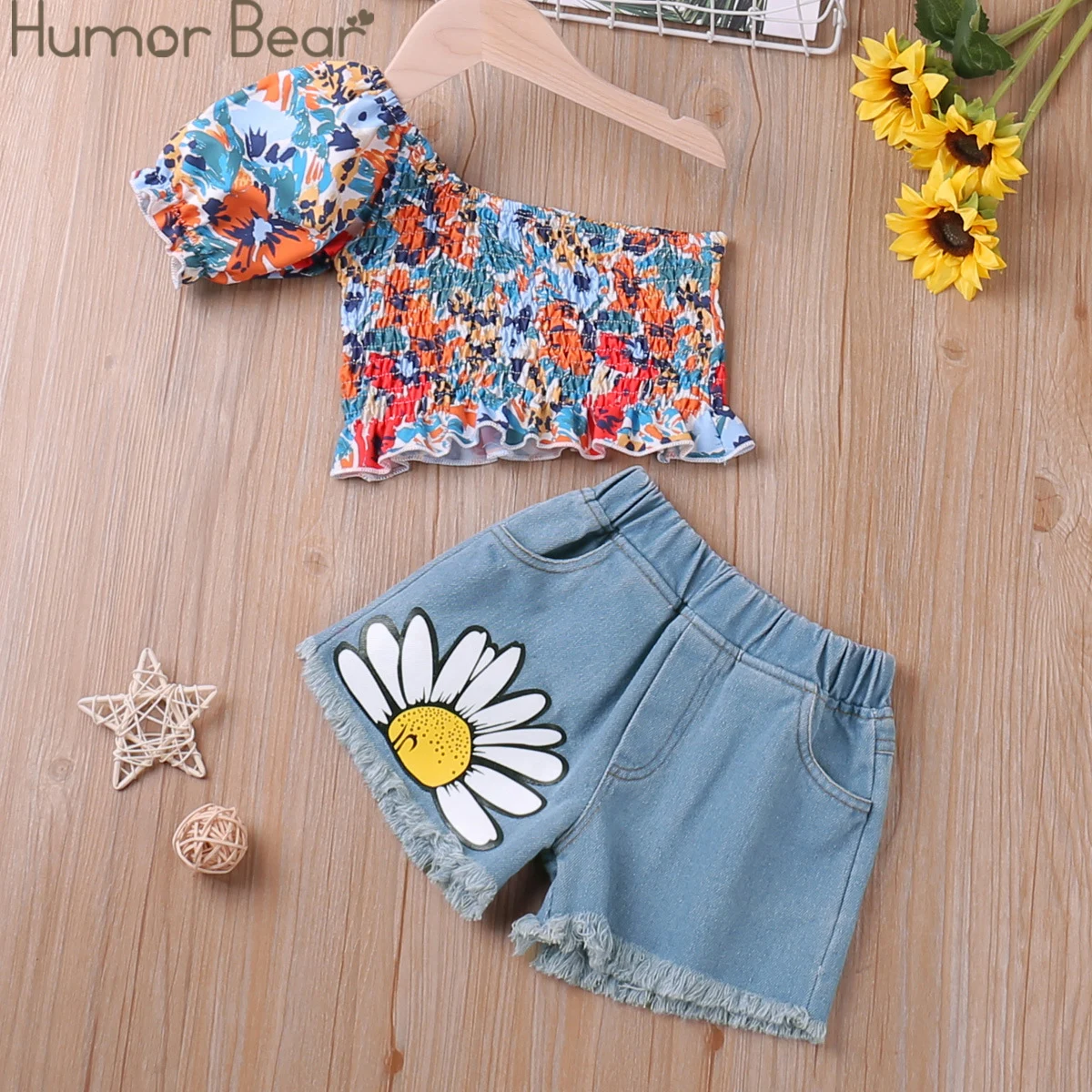 Humor Bear Girls Clothes Set Summer Off-Shoudler Floral T-Shirt + Denim Shorts 2pcs Casual Children Clothes Girls' Suit