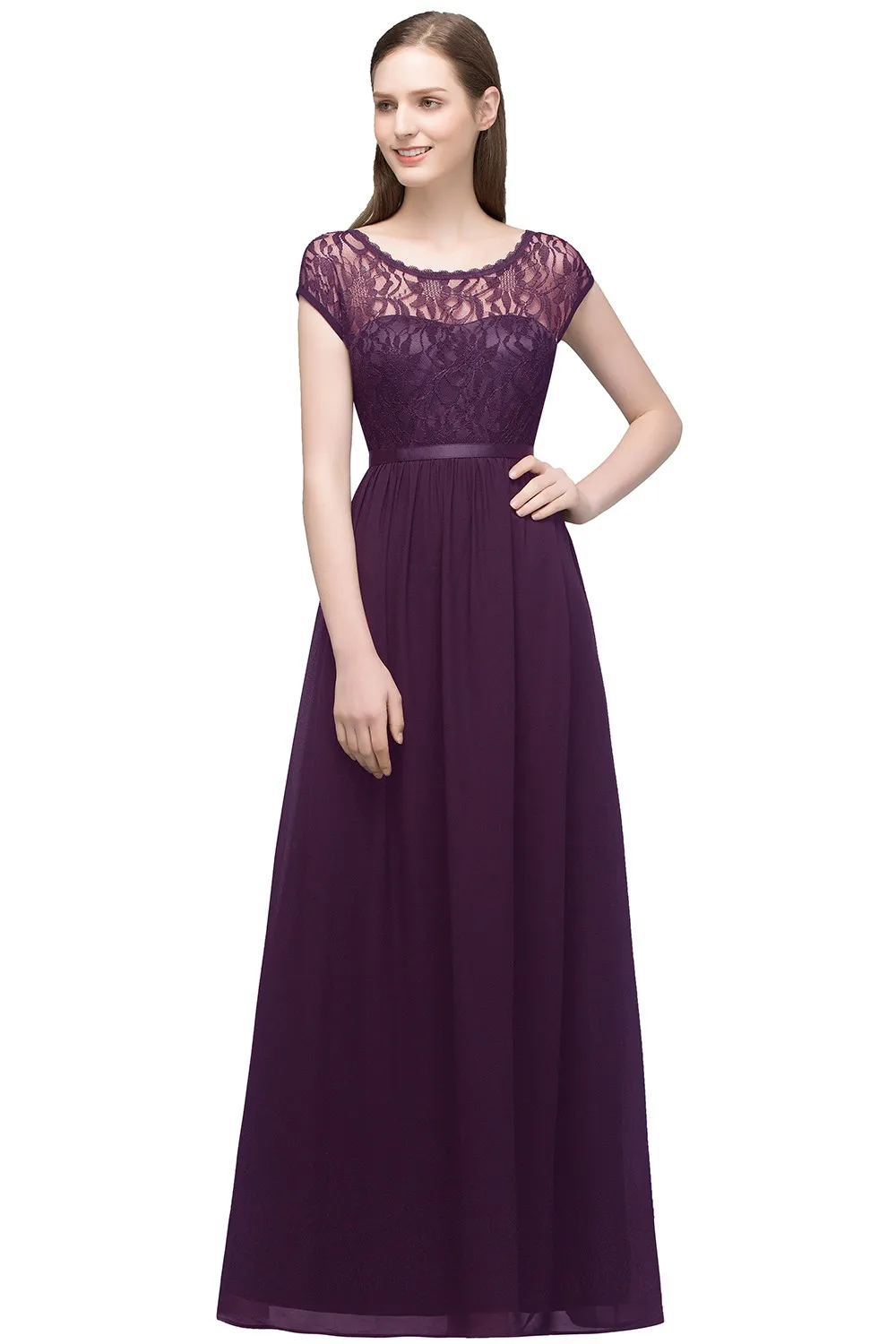 

Women's Purple Lace Evening Dresses: Cap Sleeve Round Neck Design with Flowy Chiffon Skirt for Formal Events & Weddings CPS831